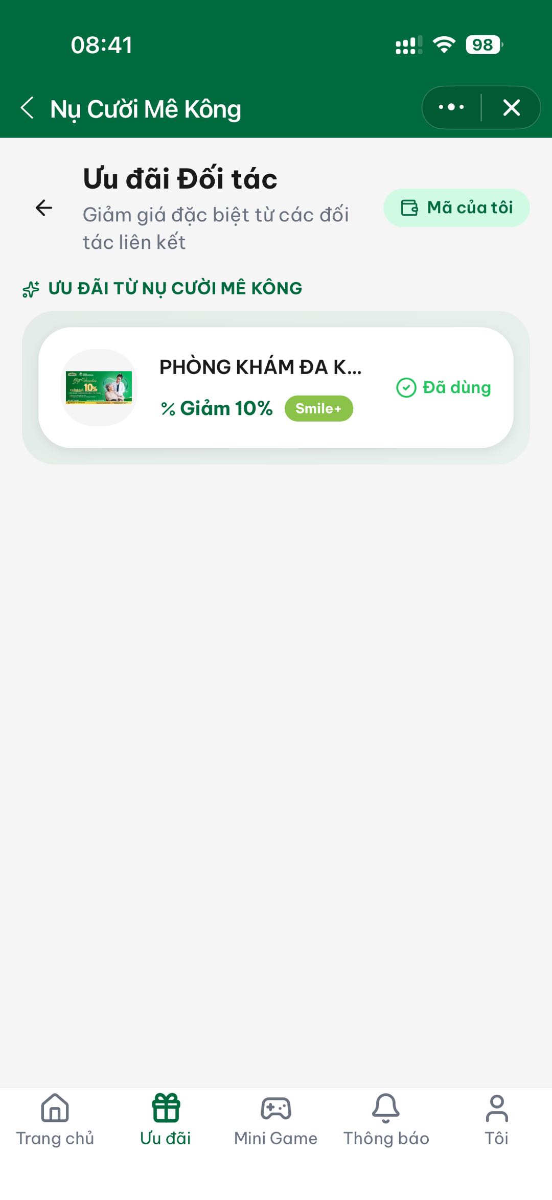 Ưu đãi đối tác hiển thị trên Mini App Nụ Cười Mê Kông